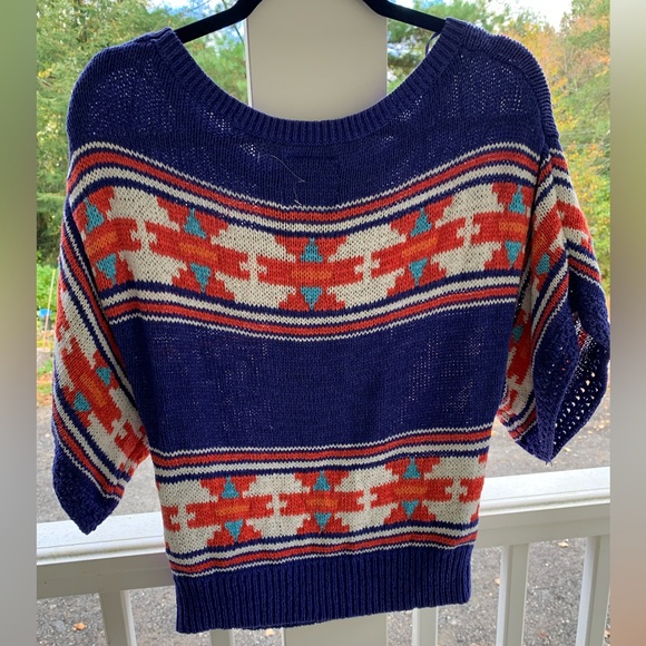 American Eagle Women Chunky Aztec Print Sweater Medium Blue Orange Cotton Nylon - Picture 5 of 7